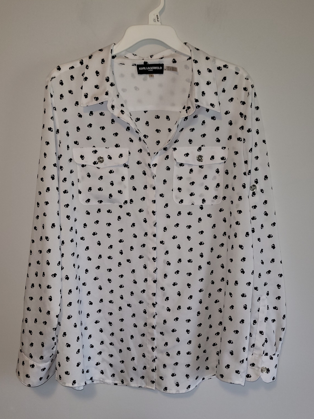 Karl Lagerfeld Paris Printed Blouse White Black Size Large Chic Top - Picture 3 of 7